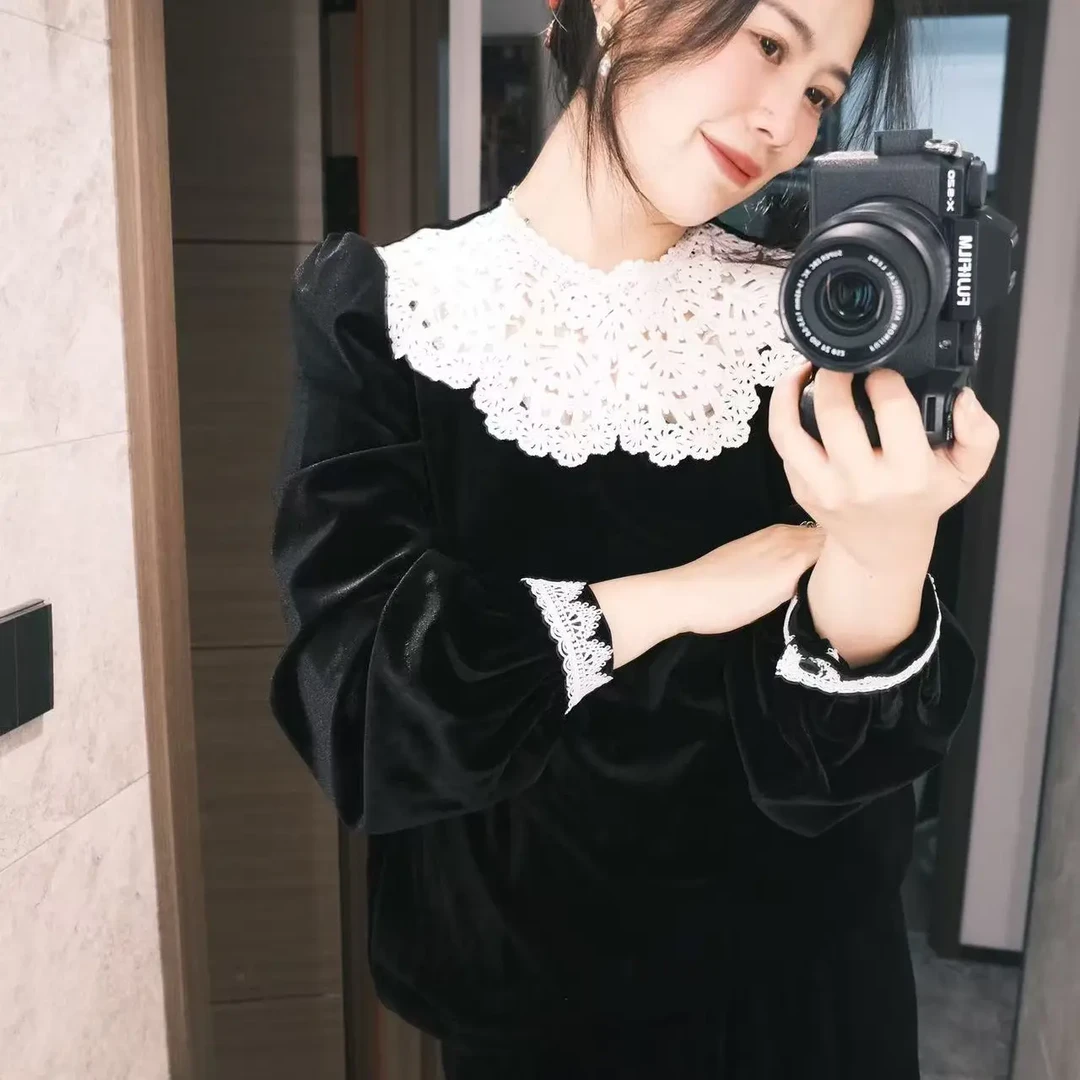 【晶晶小个子】黑色蕾丝拼接丝绒衬衫女士冬季法式高级别致上衣打底