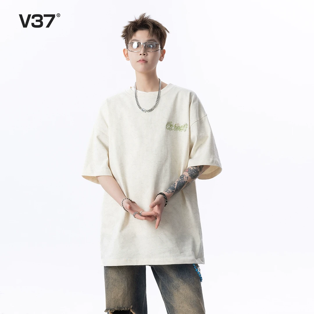 V37砂洗刺绣短袖t恤男2025新款青少年重磅宽松休闲百搭五分袖体恤