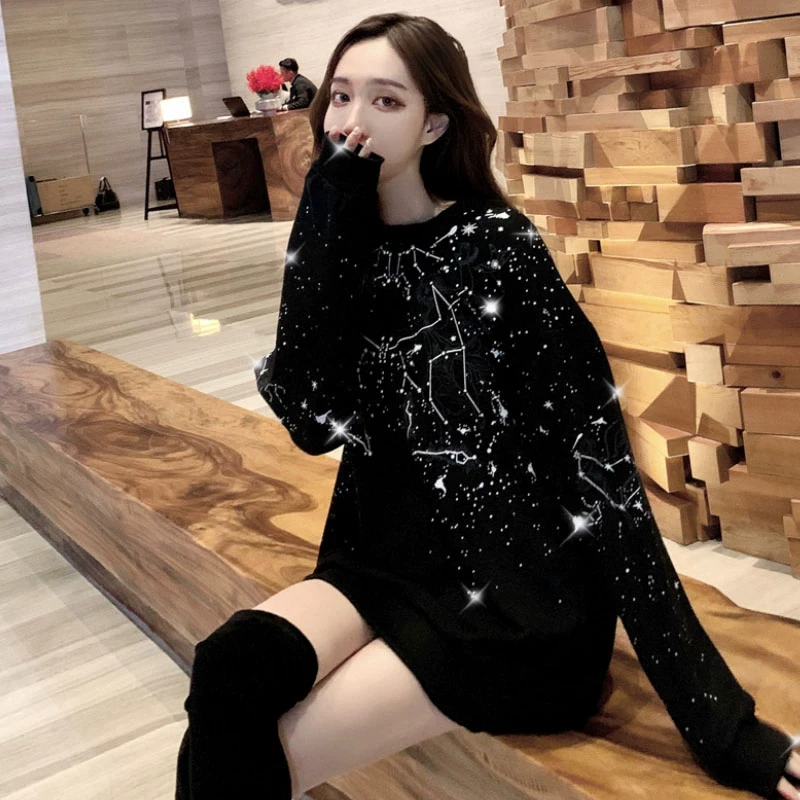 满天星卫衣女个性爆款秋冬季通勤印花镶钻闪钻外套女情侣潮流上衣