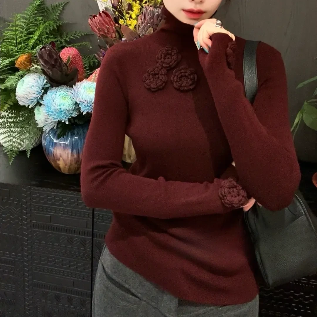 2024韩系秋冬新款高领长袖打底衫立体花朵针织衫修身女上衣