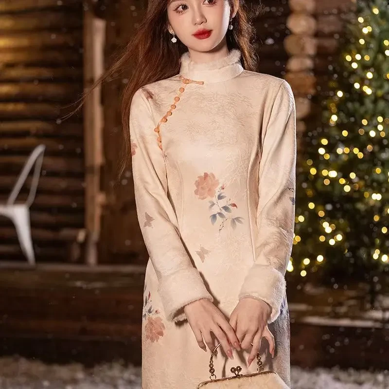 新款加绒加厚冬季新中式改良长袖印花修身气质加绒旗袍小个子