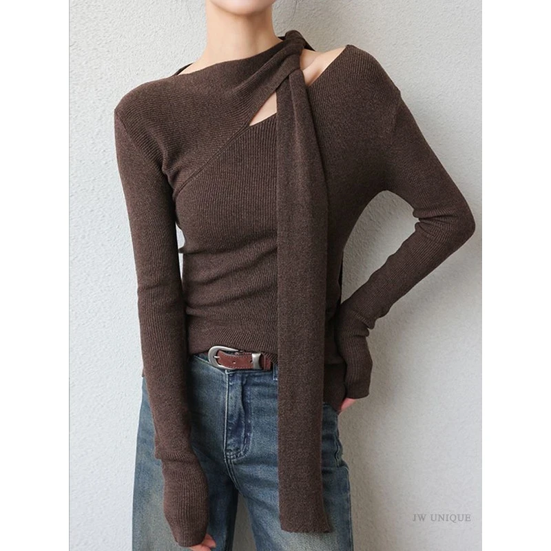 韩系纯欲风飘带围巾领针织衫女秋季设计感修身显瘦内搭打底衫上衣