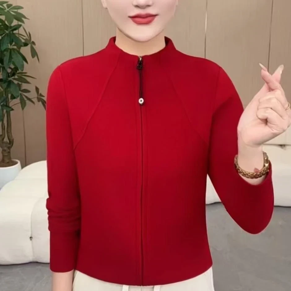 红红火火过年新款洋气纯色拉链开衫精品双面德绒气质显瘦百搭上衣