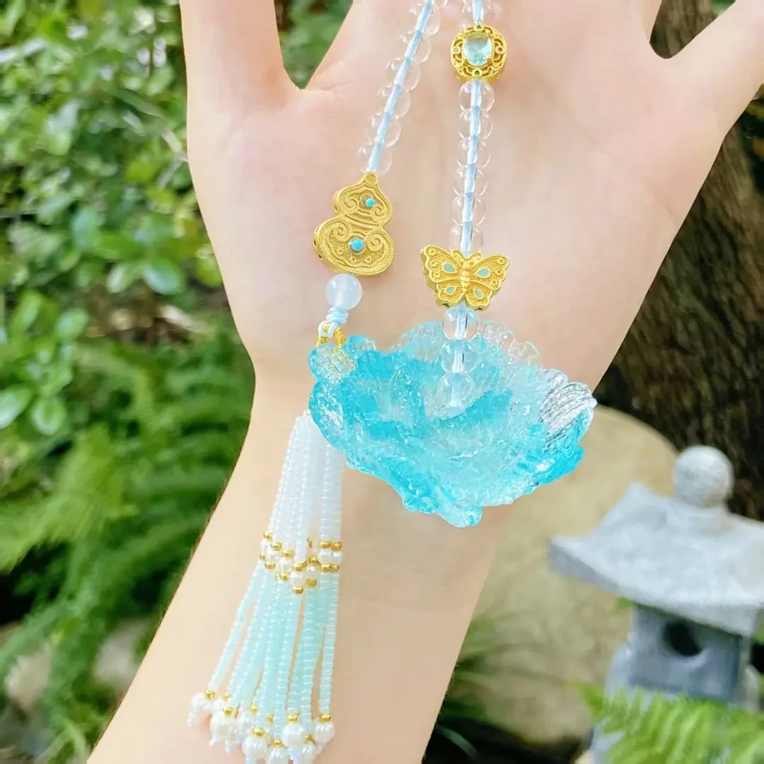 莲影 杭州景区新款 手工琉小璃蓝莲花流苏包挂 杭州发货