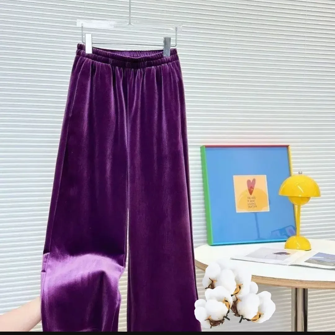 秋冬加绒桑丝真丝丝绒松紧直筒裤女高腰宽松显瘦百搭休闲长裤