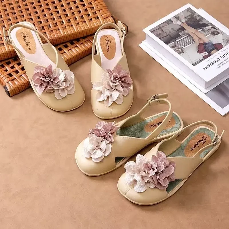 包头双色花平底鞋 新款优雅法式平跟夏季凉鞋