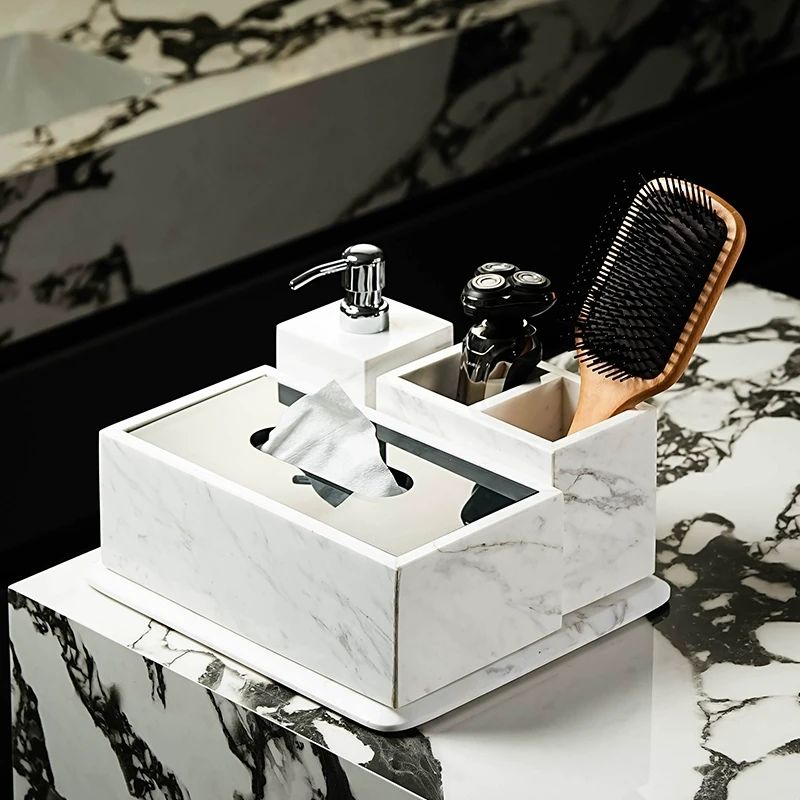 极简意式纸巾盒收纳套装别墅客厅餐桌主卫擦手纸卷纸大理石抽纸盒