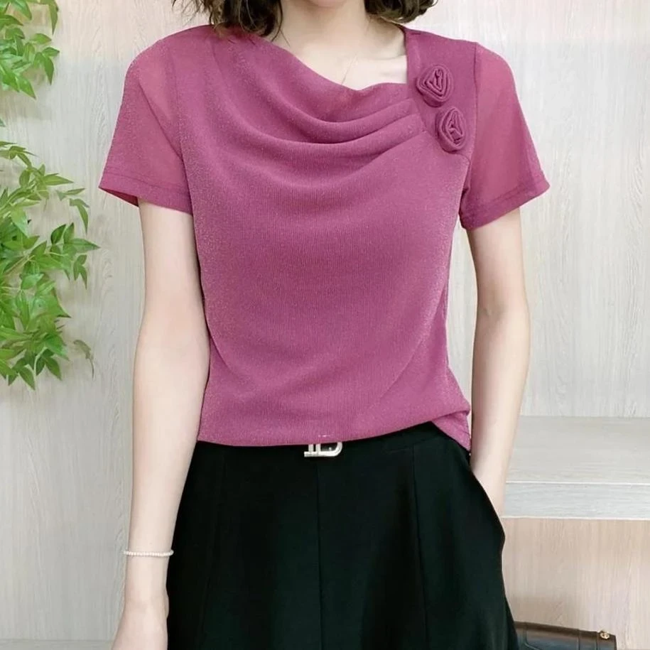 花朵堆堆领短袖小衫女遮肉显瘦夏季T恤气质上衣网纱减龄打底衫