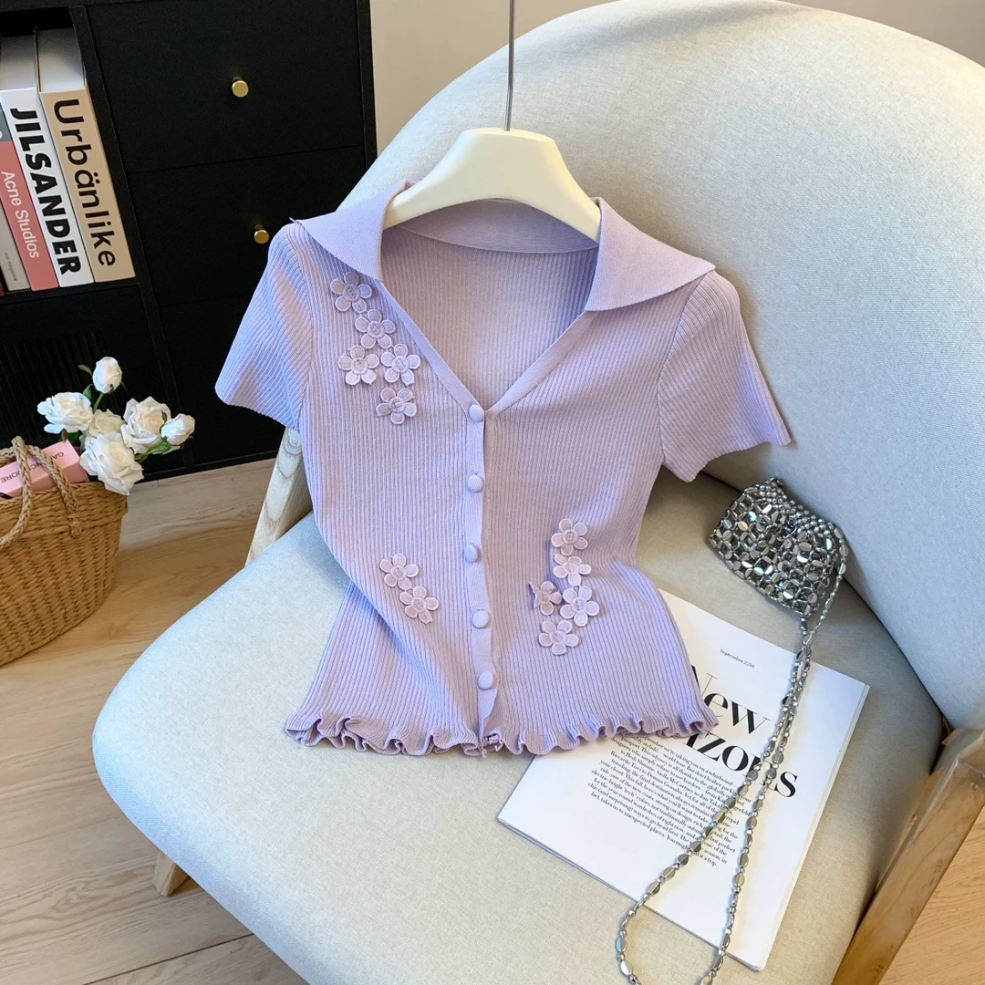 时尚高级紫色绣花短袖t恤针织衫女夏季新款修身收腰短款上衣体恤