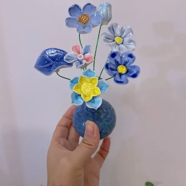 蓝色陶瓷花瓶陶瓷花成套礼物闺蜜生日礼品