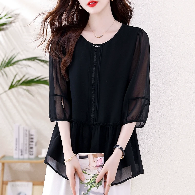 黑色七分袖雪纺衫女士2025夏季新款宽松显瘦时尚洋气遮肚大码上衣