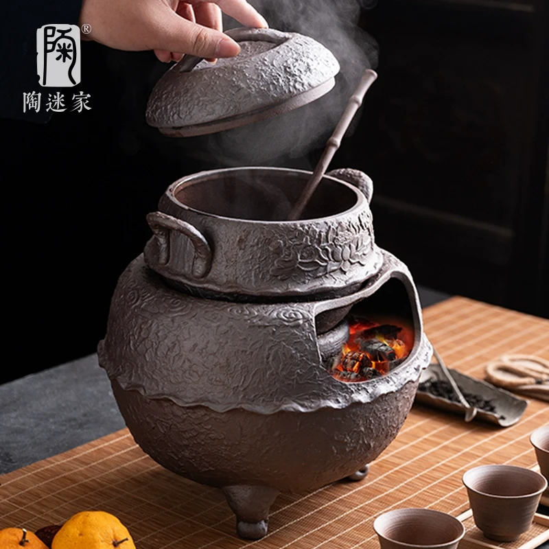 陶迷家用大号煮茶釜三足炭炉明火温茶熬药中式茶馆多人聚会养生茶