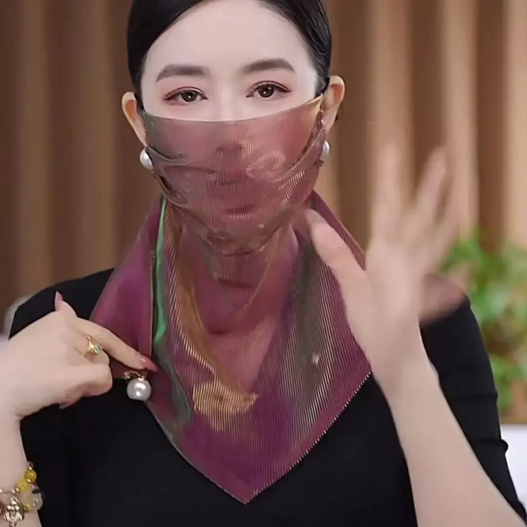 韩版新款夏季防晒面纱炫彩挂珠多功能围巾丝巾时尚洋气百搭面罩款