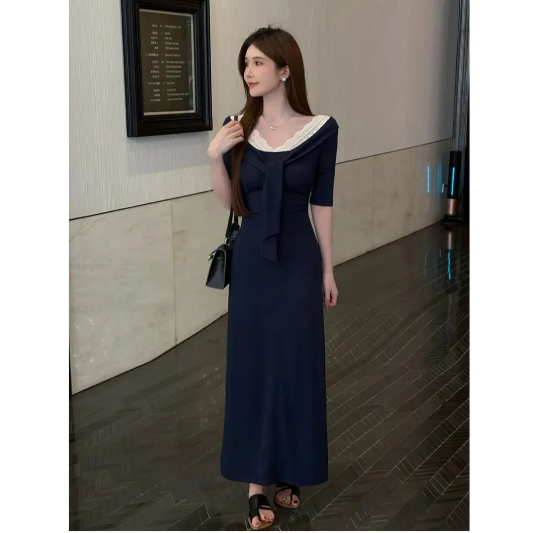 法式韩系风v领蕾丝拼接短袖连衣裙女夏季修身显瘦气质长款裙子ins
