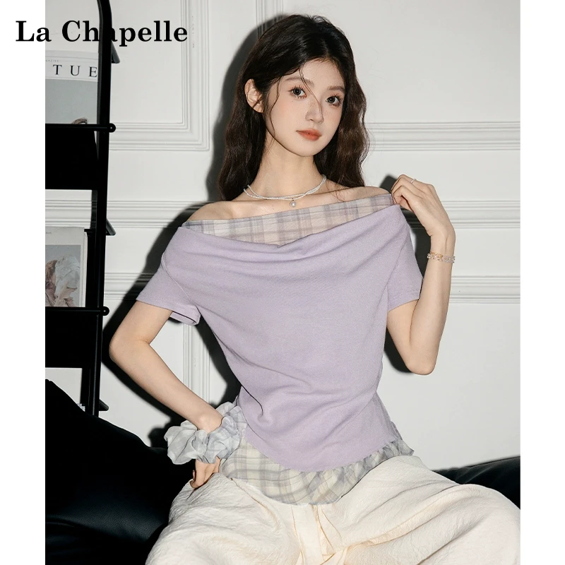 拉夏贝尔韩系2025春夏新款荡领抽褶T恤女格纹拼接假两件短袖上衣