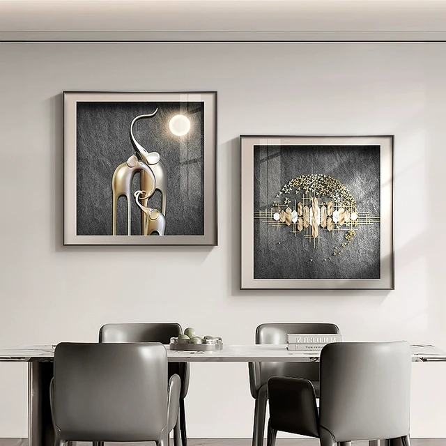 轻奢大小象餐厅装饰画抽象饭厅双联挂画高级感厨房餐桌二联墙壁画