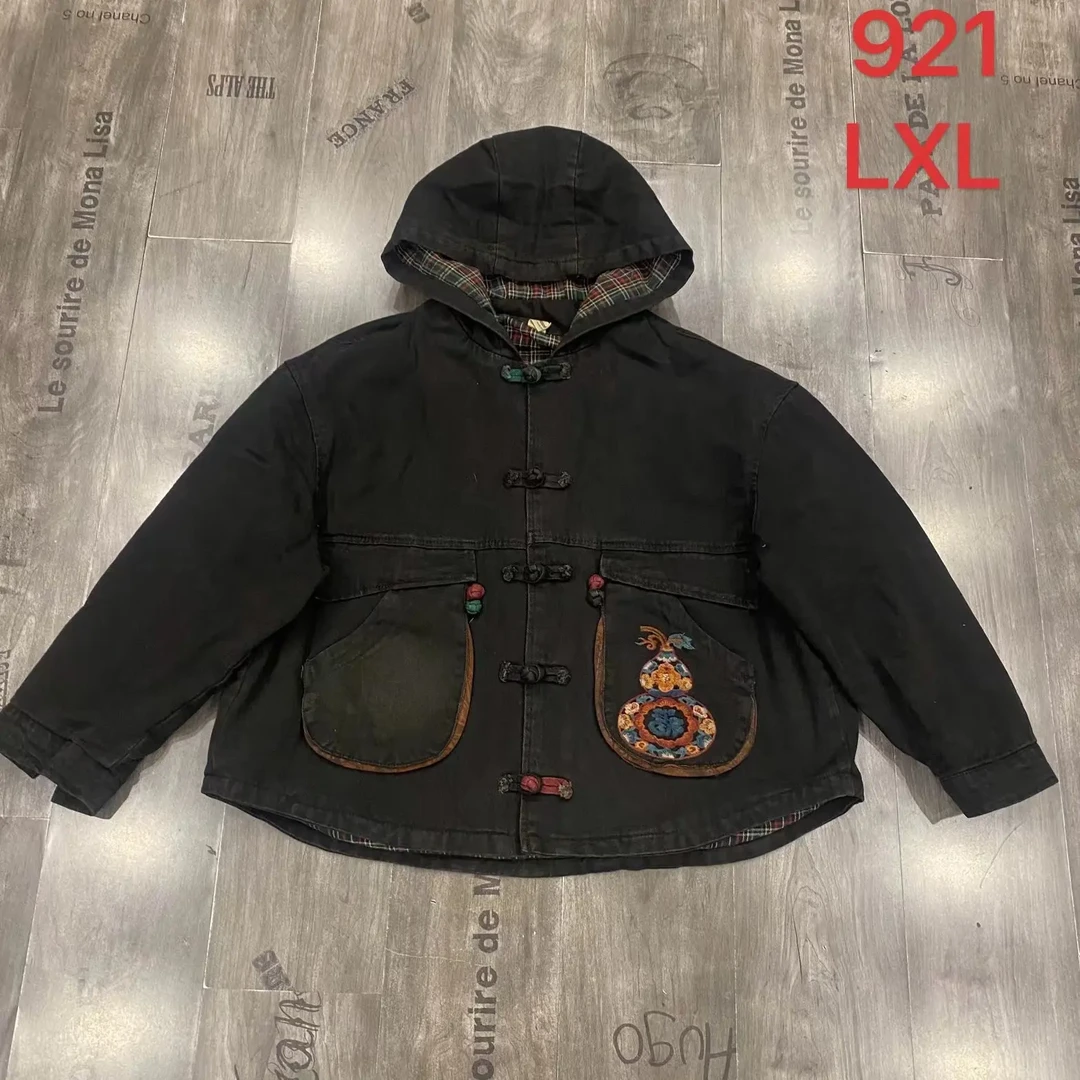 921-1冬季加厚连帽口袋刺绣炒色系牛仔棉衣外套