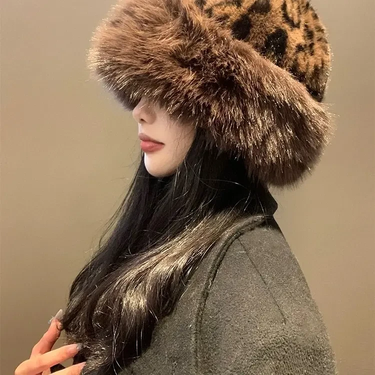 100豹纹貂绒帽子秋冬加厚保暖护耳百搭帽显脸小