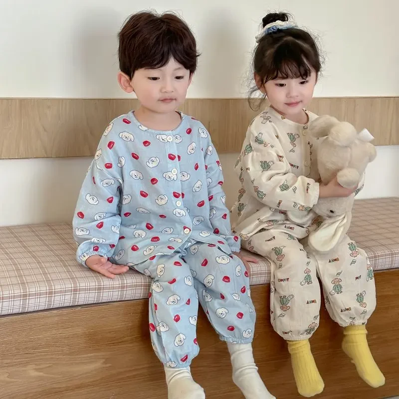 儿童100%婴幼儿棉纱睡衣长袖套装春秋季2025新款纯棉男女童家居服
