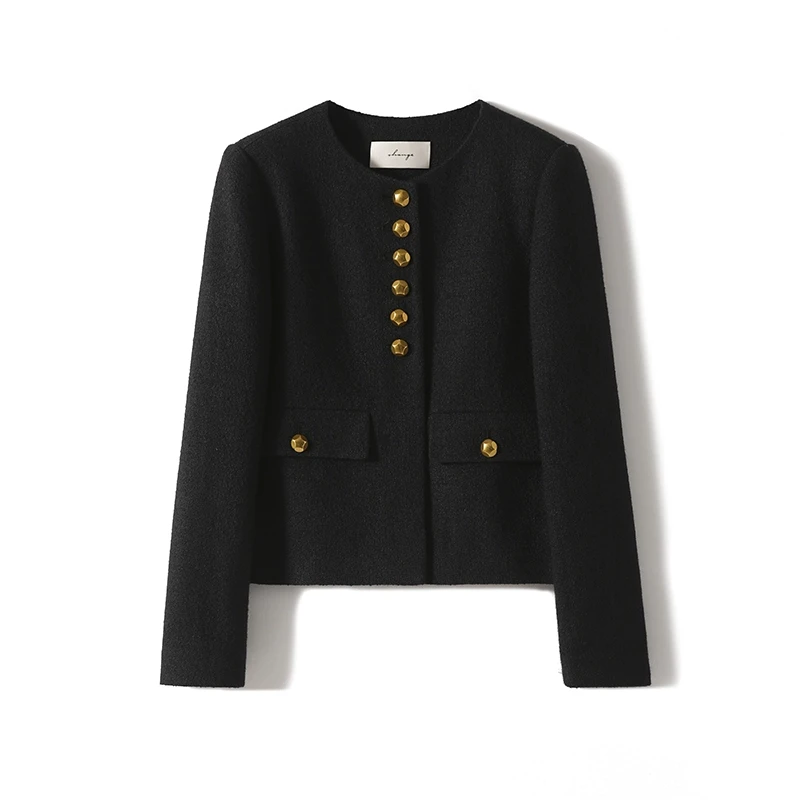 [WTF665501AG] 篙阶通勤 重磅黑金扣优雅肌理 小香短外套&