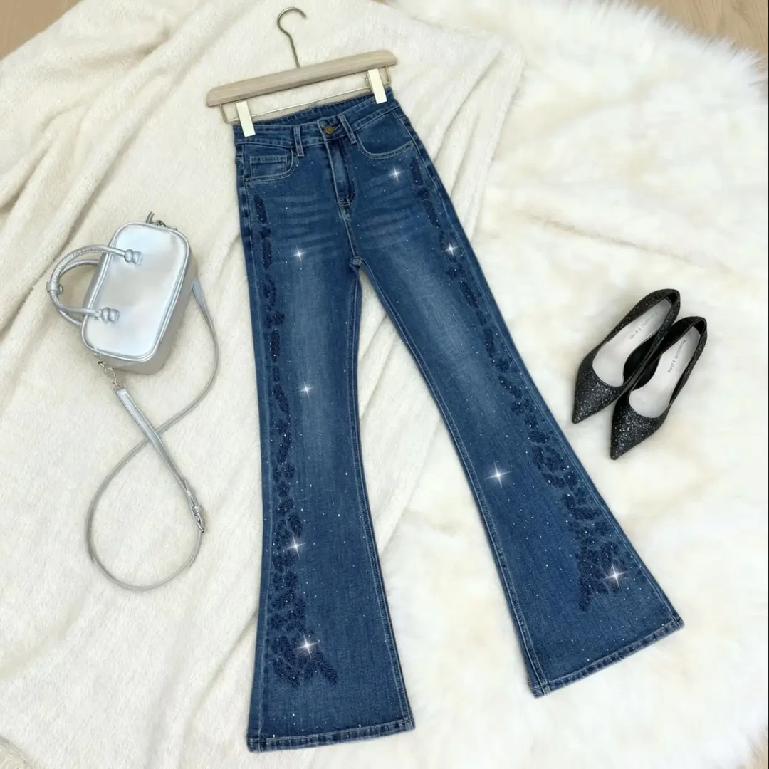 烫钻加绒新款高腰微喇牛仔裤女秋冬弹力修身显瘦百搭裤