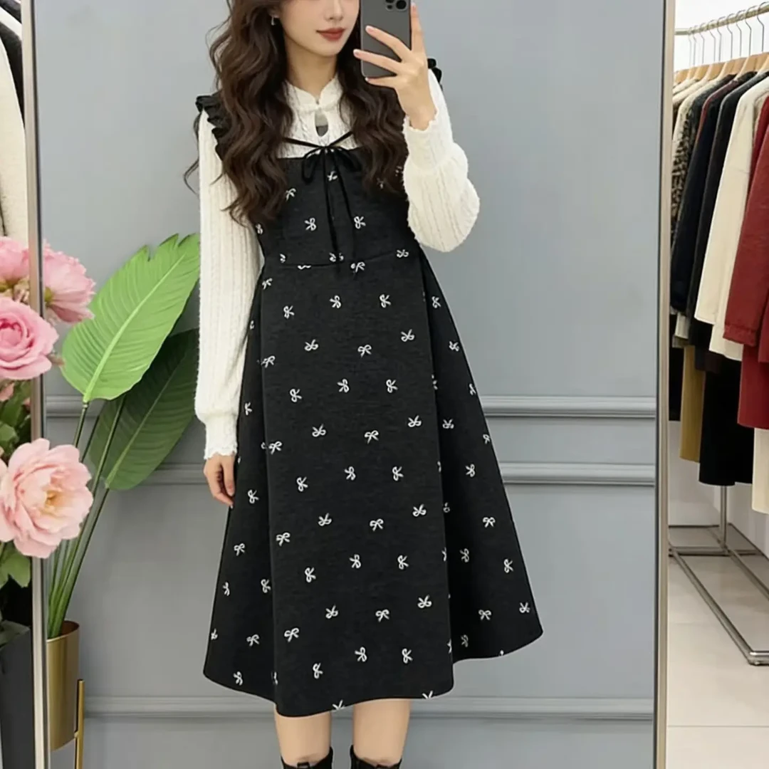 佳奇家秋冬新中式盘扣大码蝴蝶结拼接收腰显瘦减龄胖妹妹连衣裙