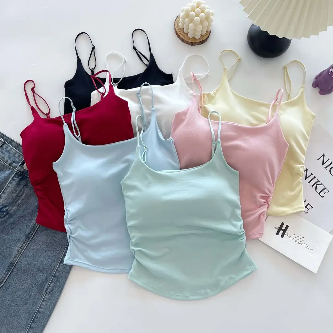 小清新纯欲风设计感褶皱吊带背心女外穿内搭带胸垫修身美背上衣夏