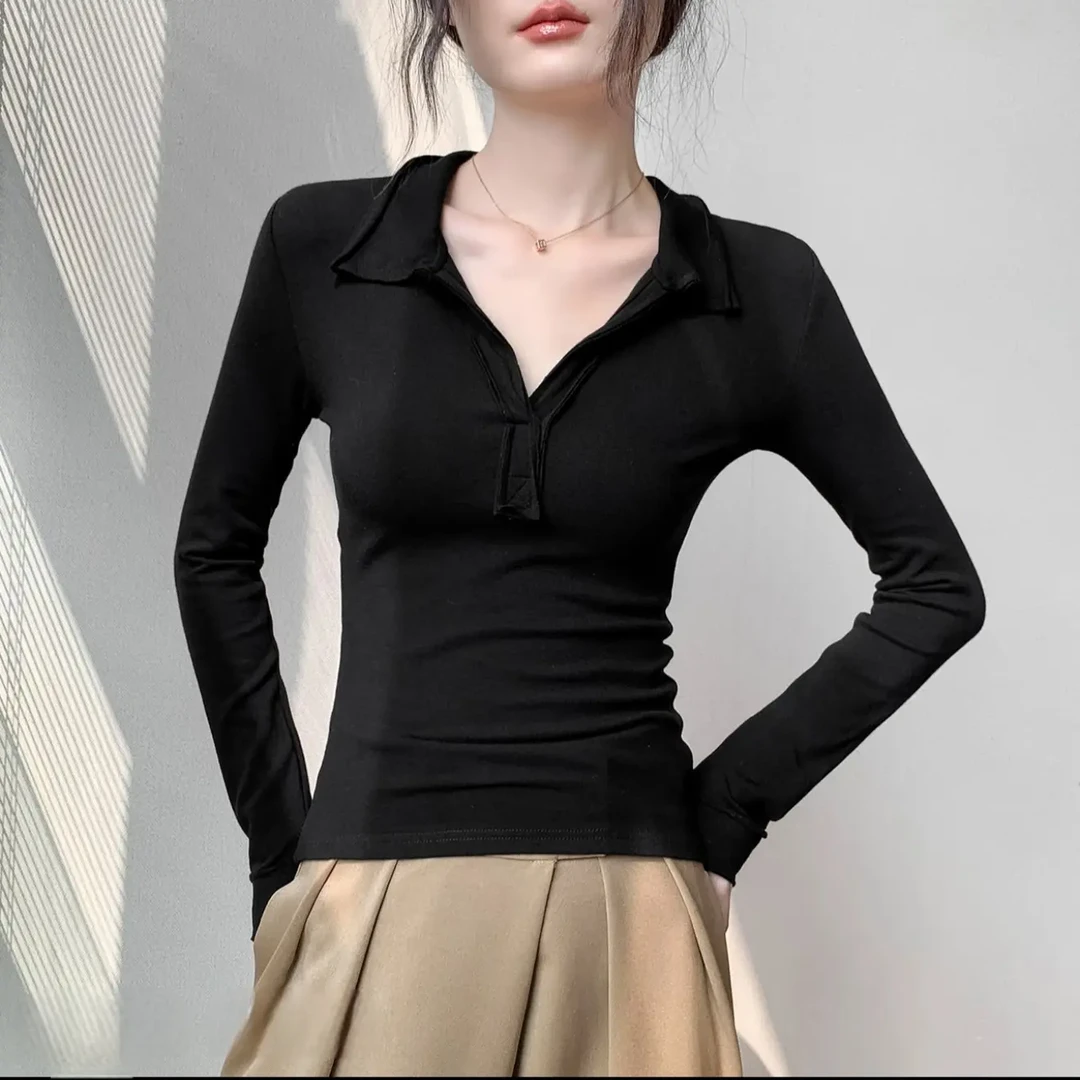 棉质POLO领长袖打底衫女春秋新款百搭显瘦上衣