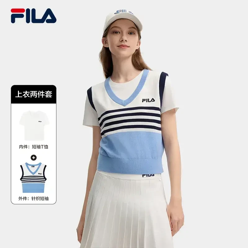 Fila/斐乐女款短袖T恤运动针织时尚百搭春夏季拼接F11W439109F