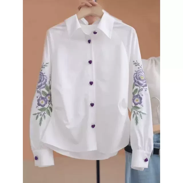大码polo领重工刺绣白色衬衫女2025春季胖MM时尚宽松休闲打底上衣