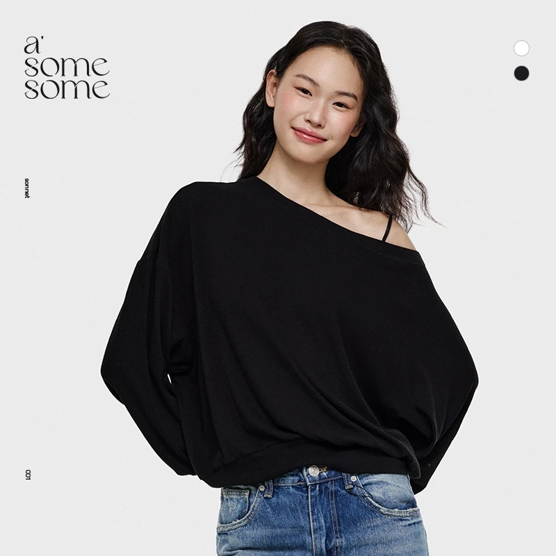 asomesome美式斜肩吊带螺纹长袖t恤露肩宽松打底休闲上衣