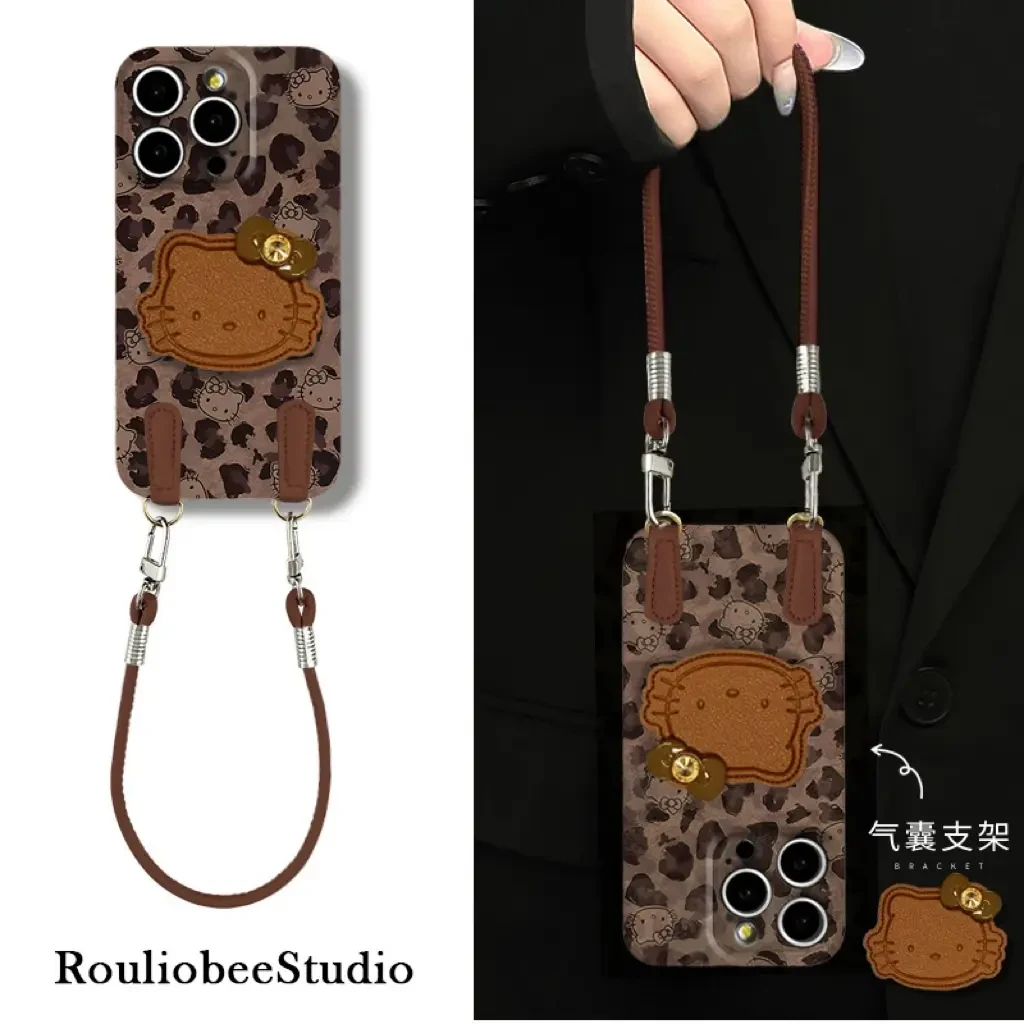 豹纹KT支架挂绳适用苹果17手机壳oppo小米15vivo华为卡通个性创意