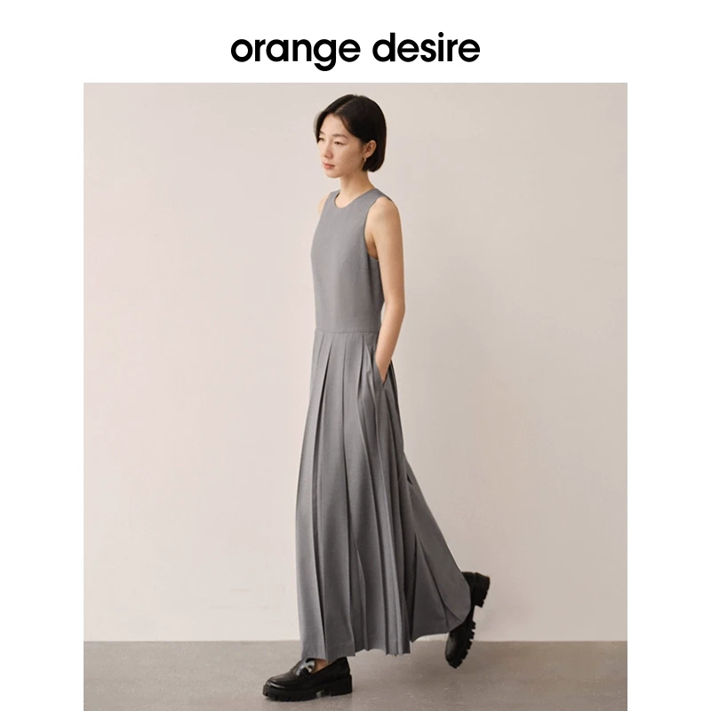 orange desire通勤微收腰无袖百褶连衣裙女夏长裙OD2DSL0039