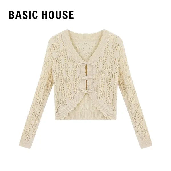 Basic House/百家好BZ时尚温柔镂空长袖外套气质国风盘扣针织开衫