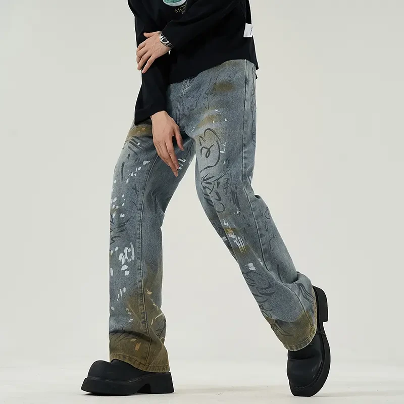 日系复古涂鸦印花潮流休闲涂鸦脏脏复古美式直筒高街水洗牛仔裤