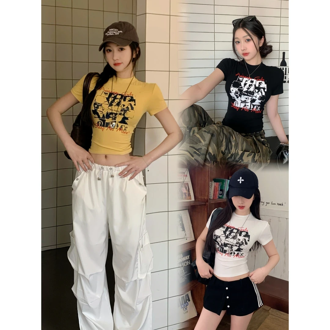 美式辣妹风掐腰短袖t恤女2025夏季新款正肩修身显瘦露脐短款上衣