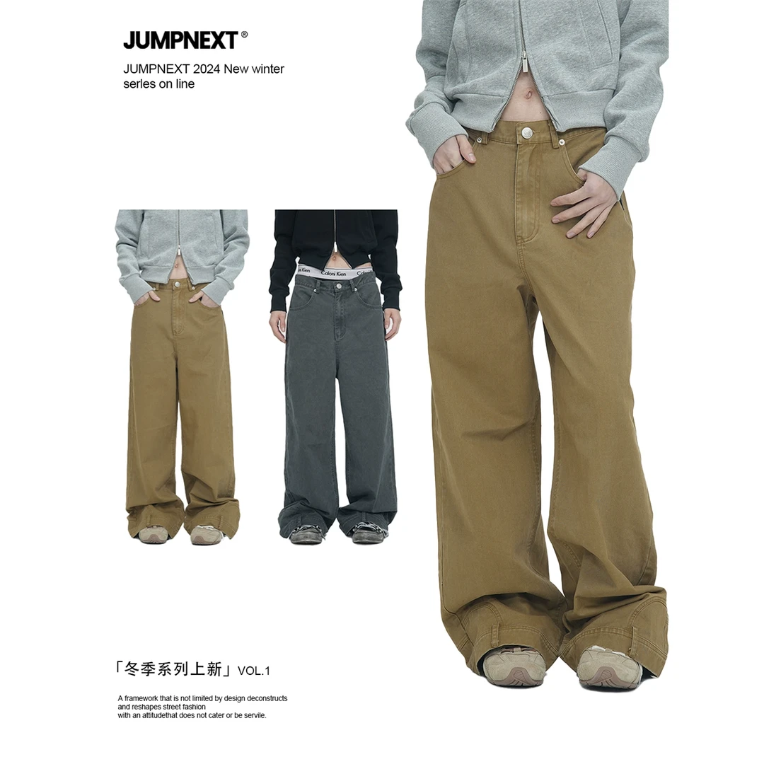 JUMP NEXT反口袋设计复古水洗做旧牛仔工装男女休闲宽松直筒长裤
