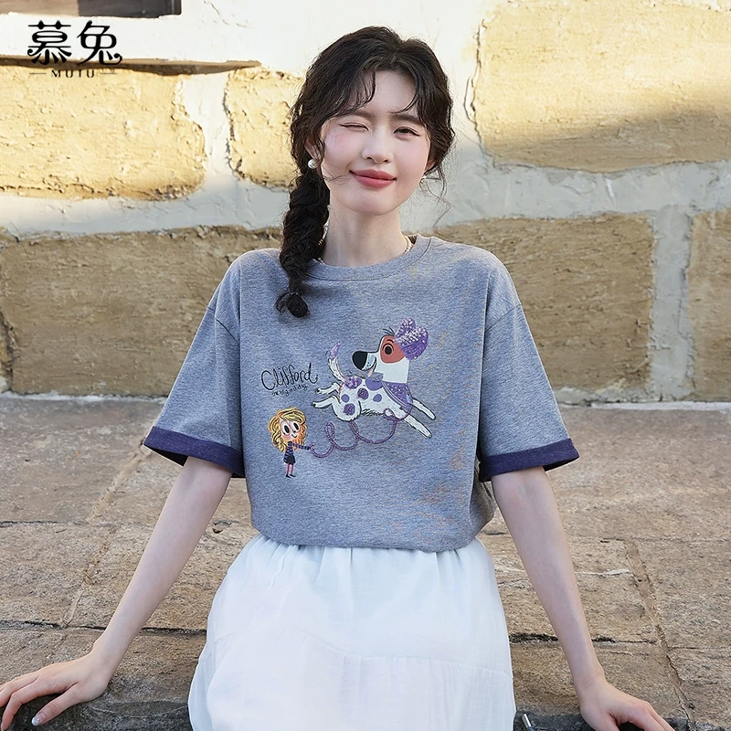 慕兔甜美卡通印花短袖t恤女2025夏季新款宽松休闲慵懒风圆领上衣