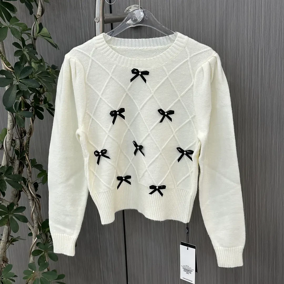《妞妞》秋季新款小蝴蝶结圆领针织衫012152-白色