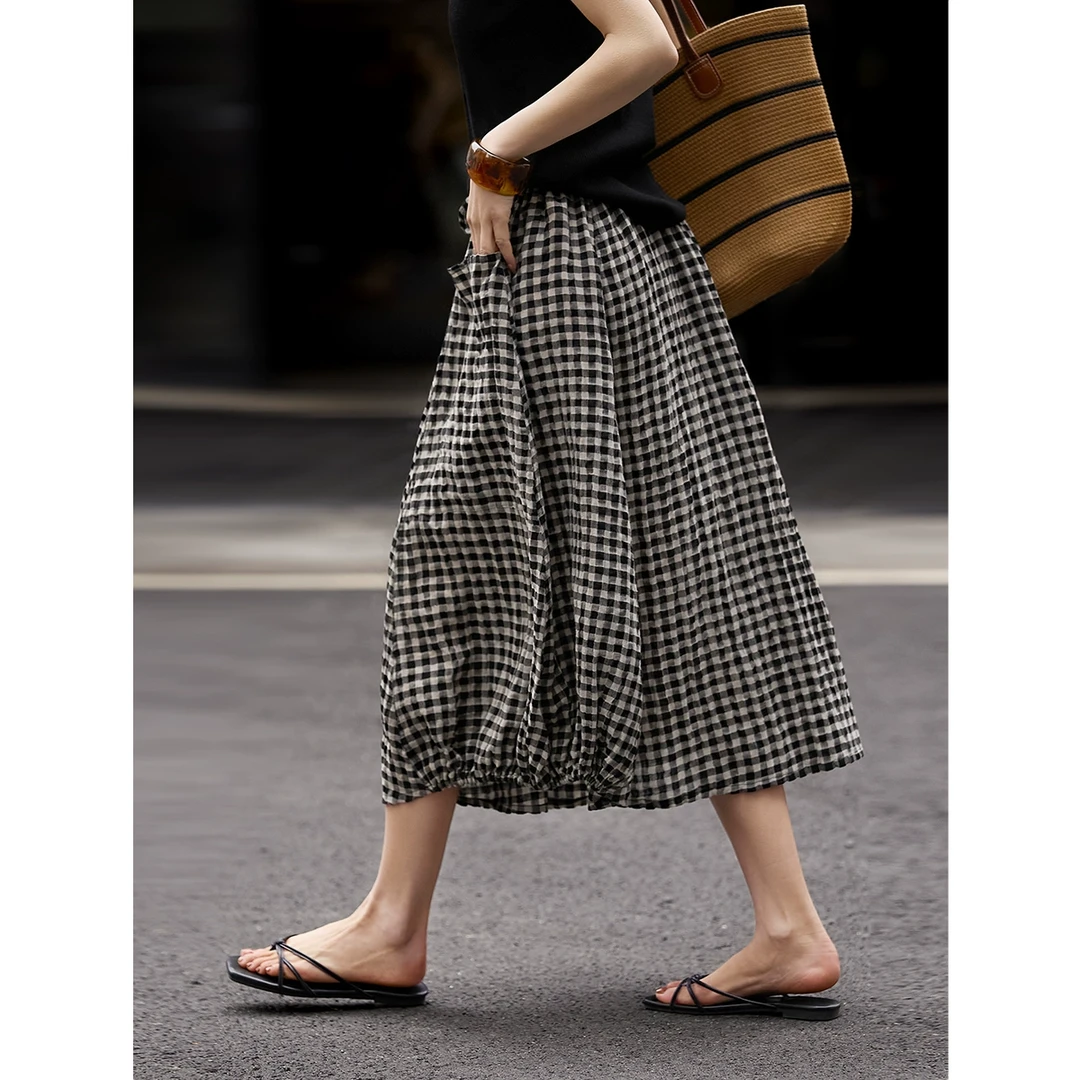 慢调巴黎泡泡棉麻宽松灯笼裙弹力腰半裙花苞裙QZE880337MG