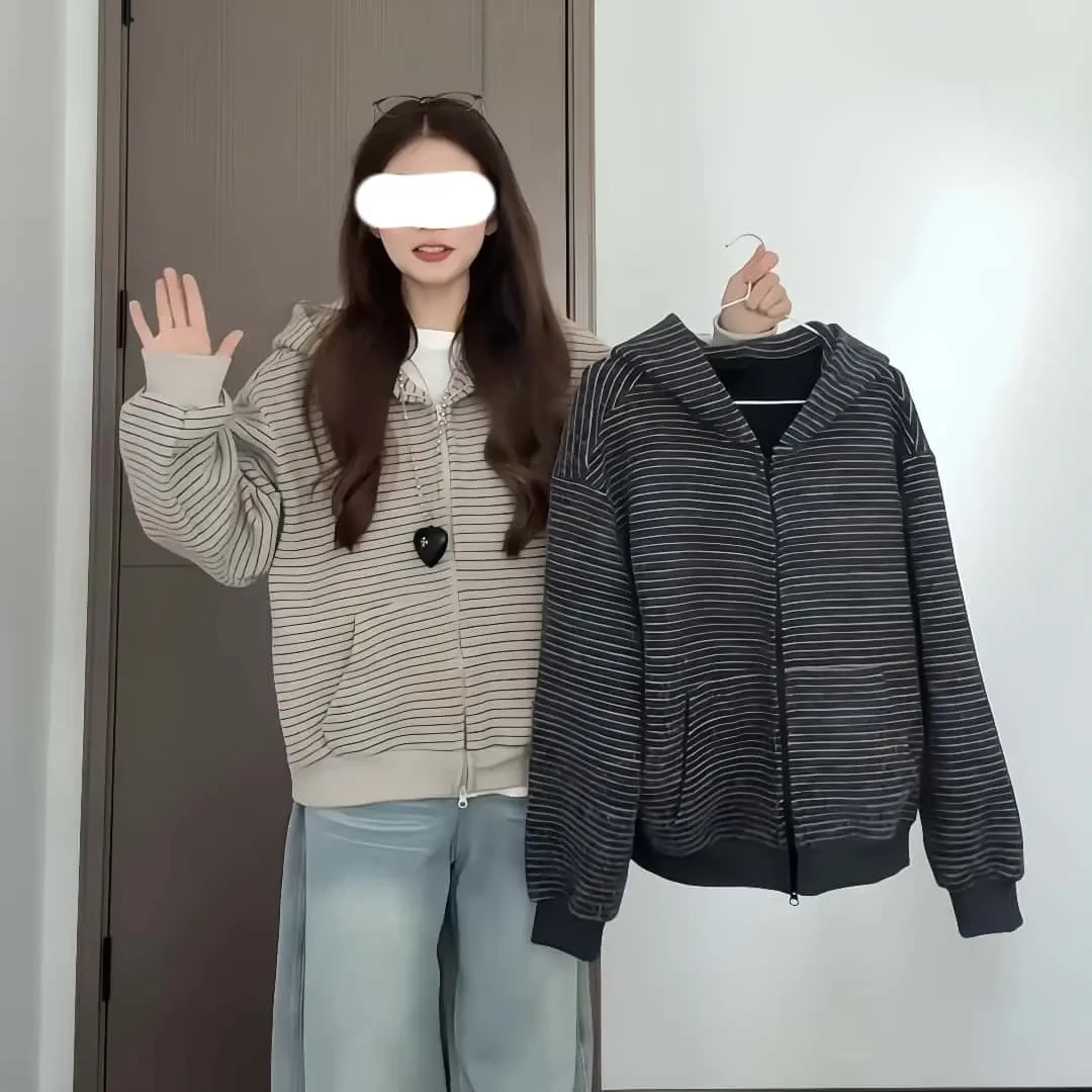 休闲条纹连帽外套女装2025秋季新款小众宽松美式开衫卫衣显瘦上衣