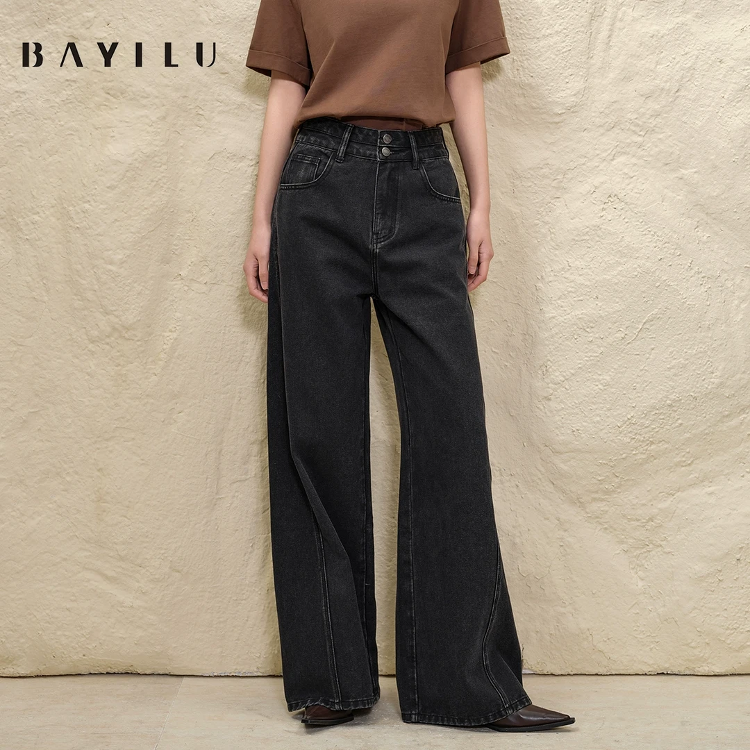 【尚雅】芭依璐2025春季牛仔裤女高腰复古阔腿裤直筒长裤91K2023