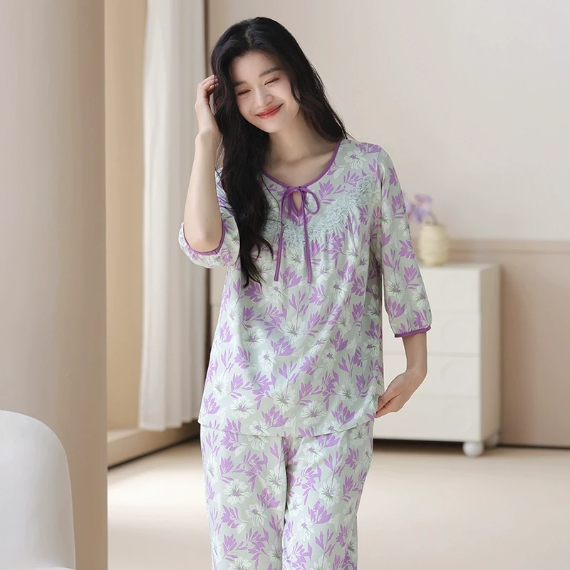 秋鹿莫代尔超柔软睡衣女2025春夏季新款圆领印花七分袖家居服套装