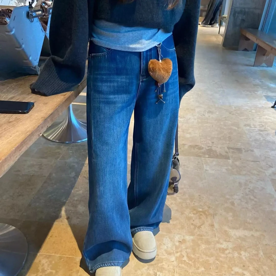 DM 韩系爱心球球秋冬新款加绒高腰显瘦阔腿牛仔裤长裤
