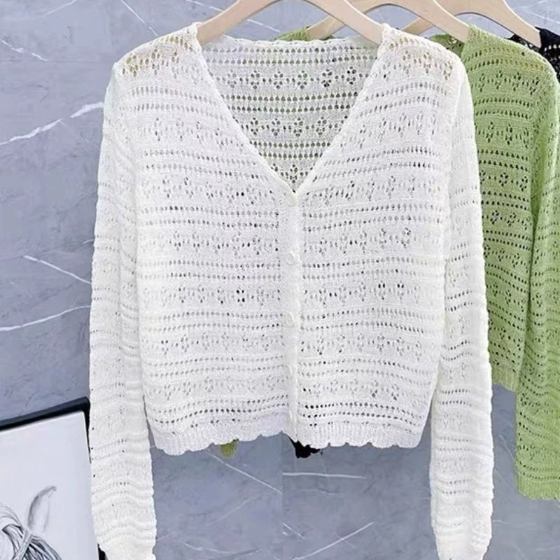 镂空冰丝防晒针织开衫女夏季新款长袖设计感小众上衣休闲小外套薄