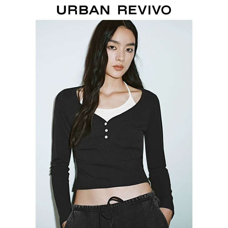 UR2025秋季新款女装撞色假两件挂脖系带长袖T恤UYY450020