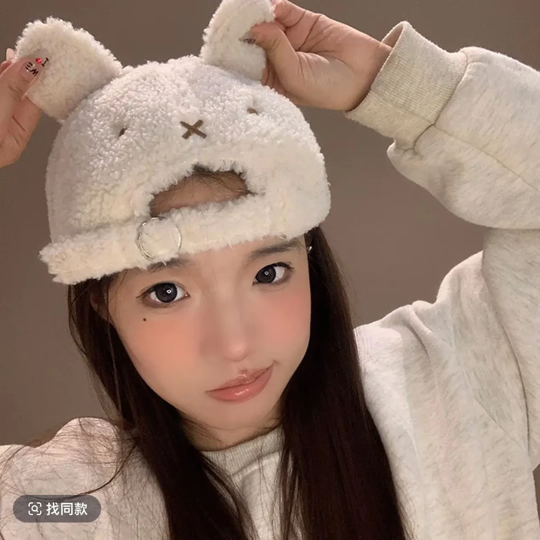 正反两戴棒球帽可爱兔子耳朵羊羔毛绒帽子女冬季保暖显脸小鸭舌帽