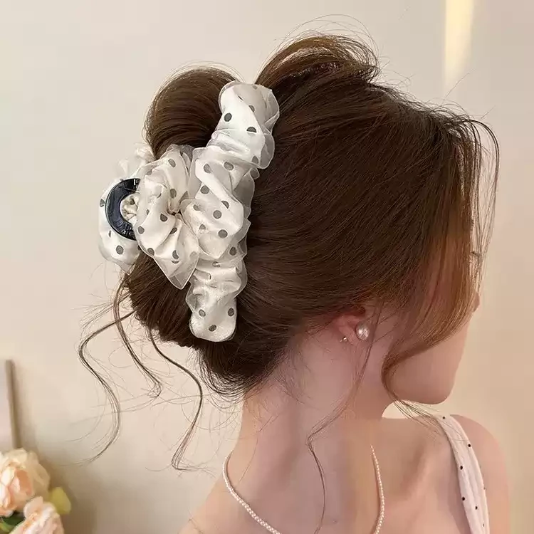 韩版气质网纱波点抓夹女高级感盘发鲨鱼夹发夹2025新款后脑勺头饰