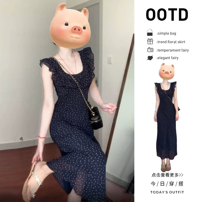 2025新款荷叶边小飞袖波点连衣裙子女装夏季海边度假法式吊带长裙