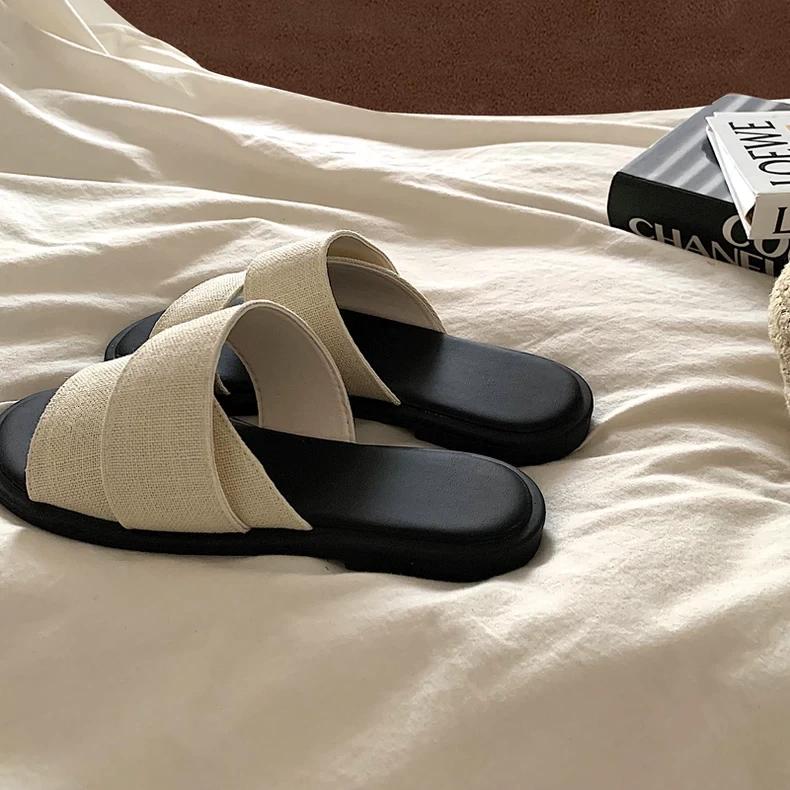 亚麻风~ins慵懒风露趾一字拖女夏季外穿法式复古小众海边凉拖鞋